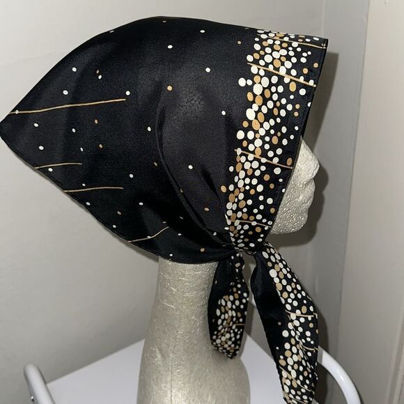 Vintage mid century black, white & gold polyester head scarf - Picture 2 of 6